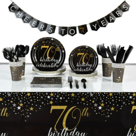 170-Piece 70th Birthday Party Supplies, Serves 24 Black and Gold Plates, Napkins, Cups, Cutlery, Tablecloth and Banner