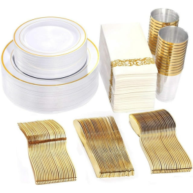 WDF Gold Plastic Plates with Gold Disposable Cutlery&Gold Plastic Cups- Napkins Sets 50Guest