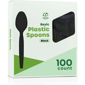 Comfy Package Basic Plastic Spoons Heavy Duty Disposable Utensils, Black 100-Pack